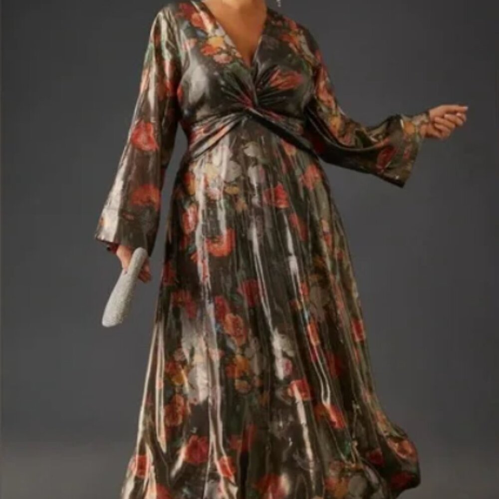 Anthropologie Caballero Floral Metallic Shimmer V-Neck Maxi Dress